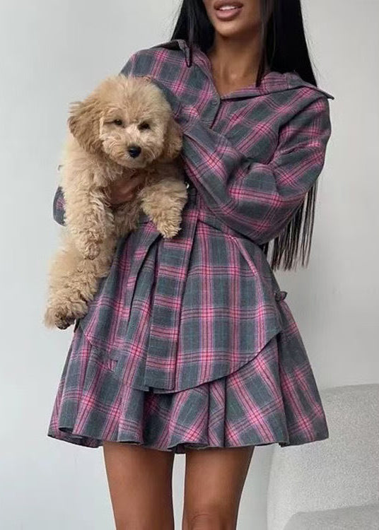 Plaid Set Grey Two Pieces Ruffled Cotton Summer Style