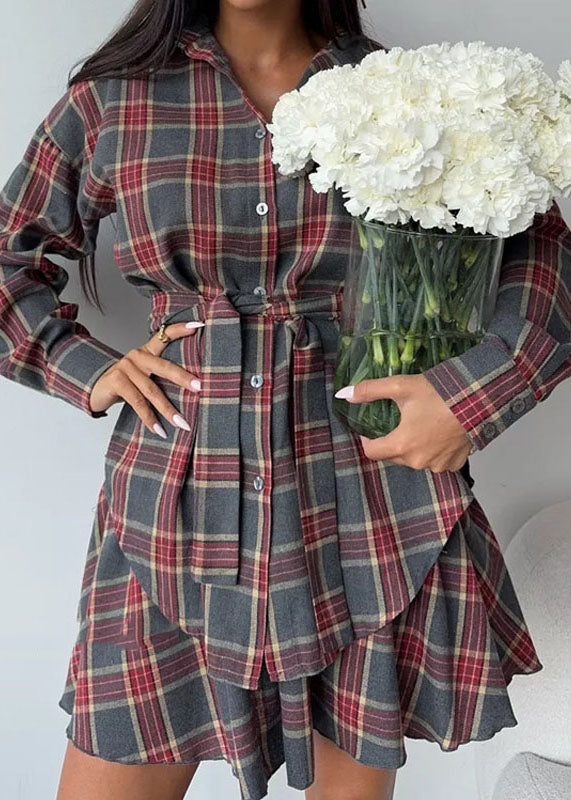 Plaid Set Grey Two Pieces Ruffled Cotton Summer Style