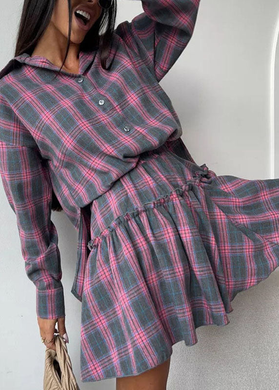 Plaid Set Grey Two Pieces Ruffled Cotton Summer Style