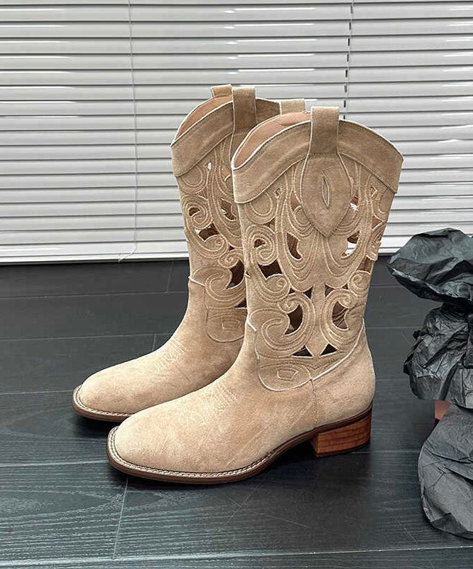 Style Hollow Out Embroidery Chunky Boots Brown Cowhide Leather DD1055