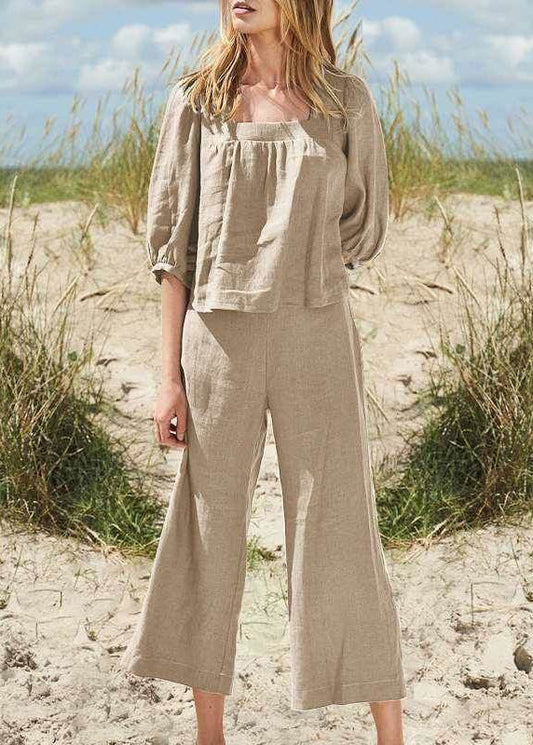 Khaki Top Two And Square Half Pieces Set Style Crop Pants Collar