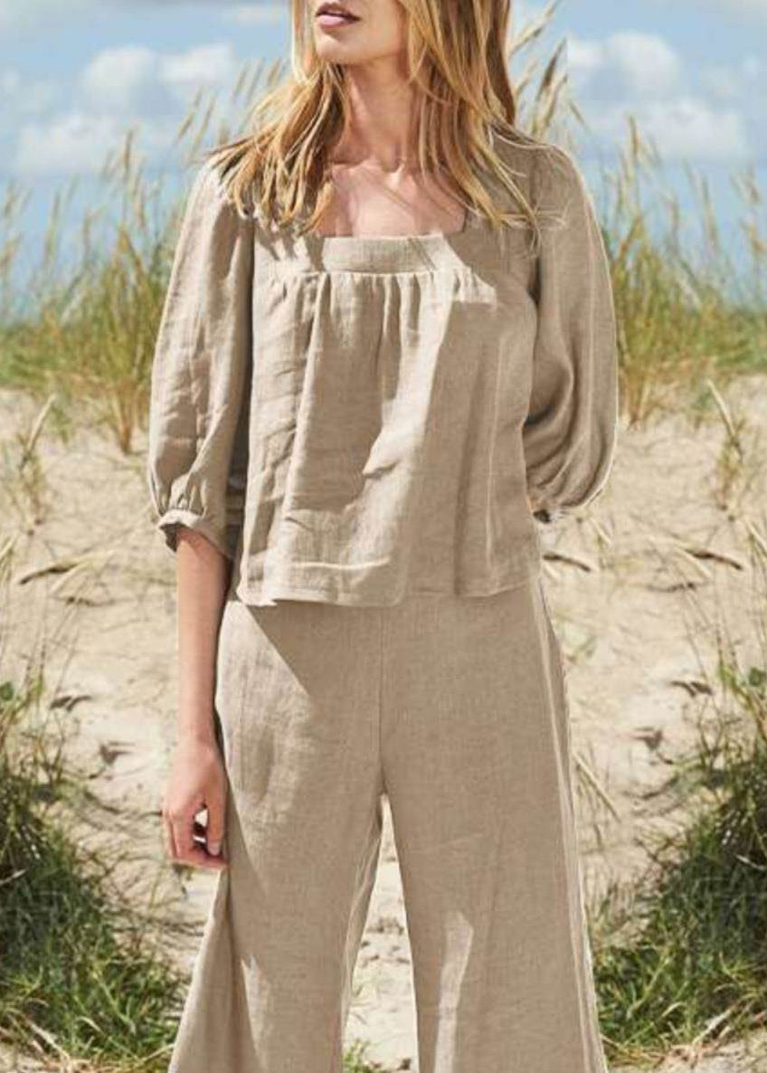 Khaki Top Two And Square Half Pieces Set Style Crop Pants Collar
