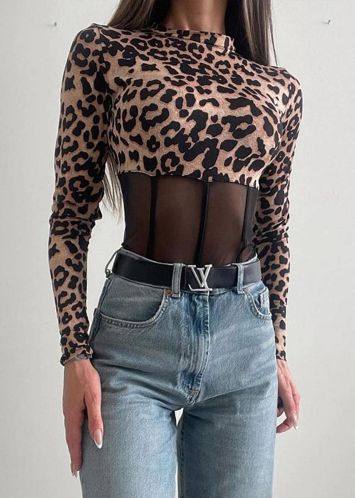 Turtleneck Patchwork Tulle Leopard Bodysuit Style