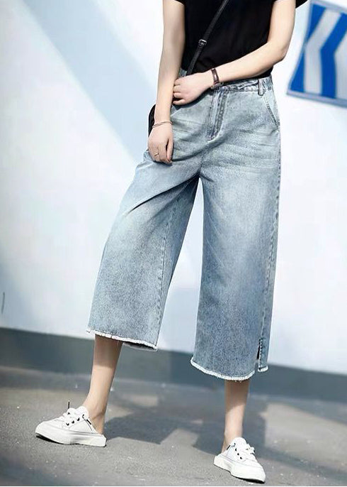 Crop Denim Style Elastic Trousers Blue Waist Light Pants Straight