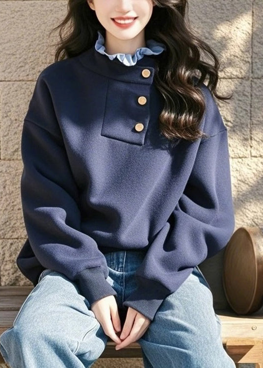 Style Navy Ruffled Patchwork Cotton Sweatshirt Spring TN024