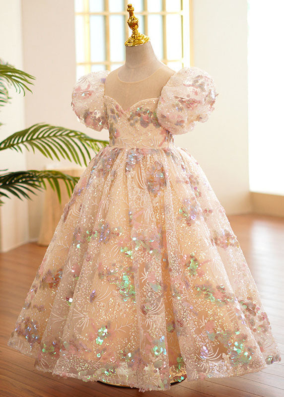 Style O-Neck Wrinkled Tulle Kids Long Dress Puff Sleeve YS004