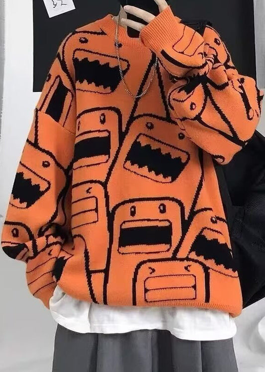 Style Orange O Neck Thick Print Knit Men Sweater Tops Winter EQ020