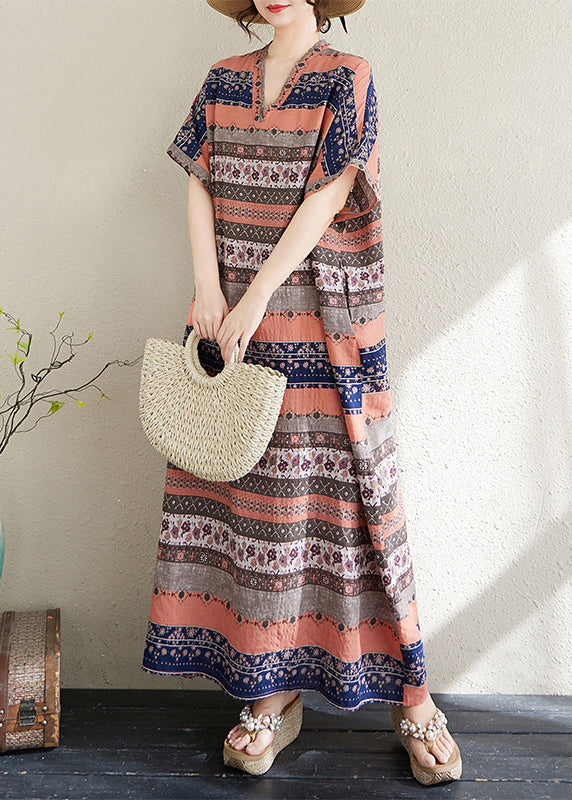 Style Summer Orange Print Long Dresses Cotton Oversized Striped