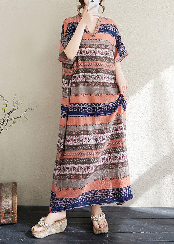 Style Summer Orange Print Long Dresses Cotton Oversized Striped