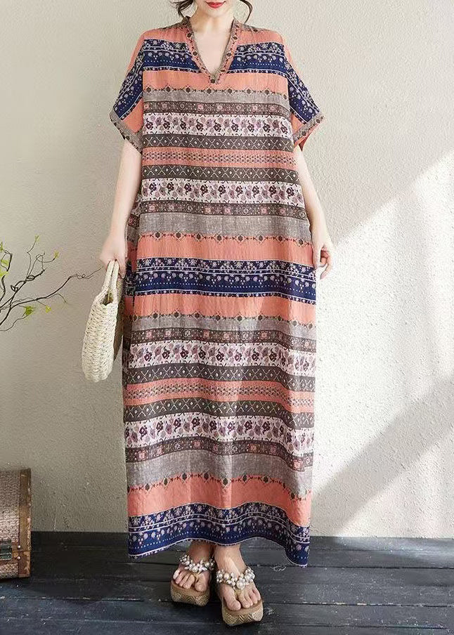 Style Summer Orange Print Long Dresses Cotton Oversized Striped