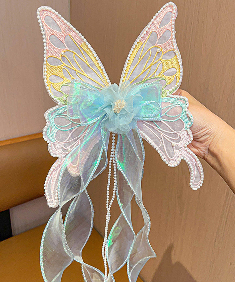 Style Pink Alloy Pearl Tulle Butterfly Ribbon Girls Hairpin YG026