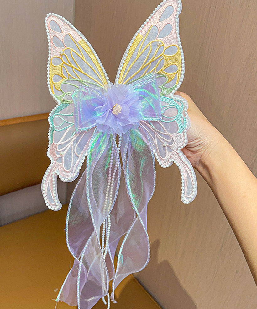 Style Pink Alloy Pearl Tulle Butterfly Ribbon Girls Hairpin YG026