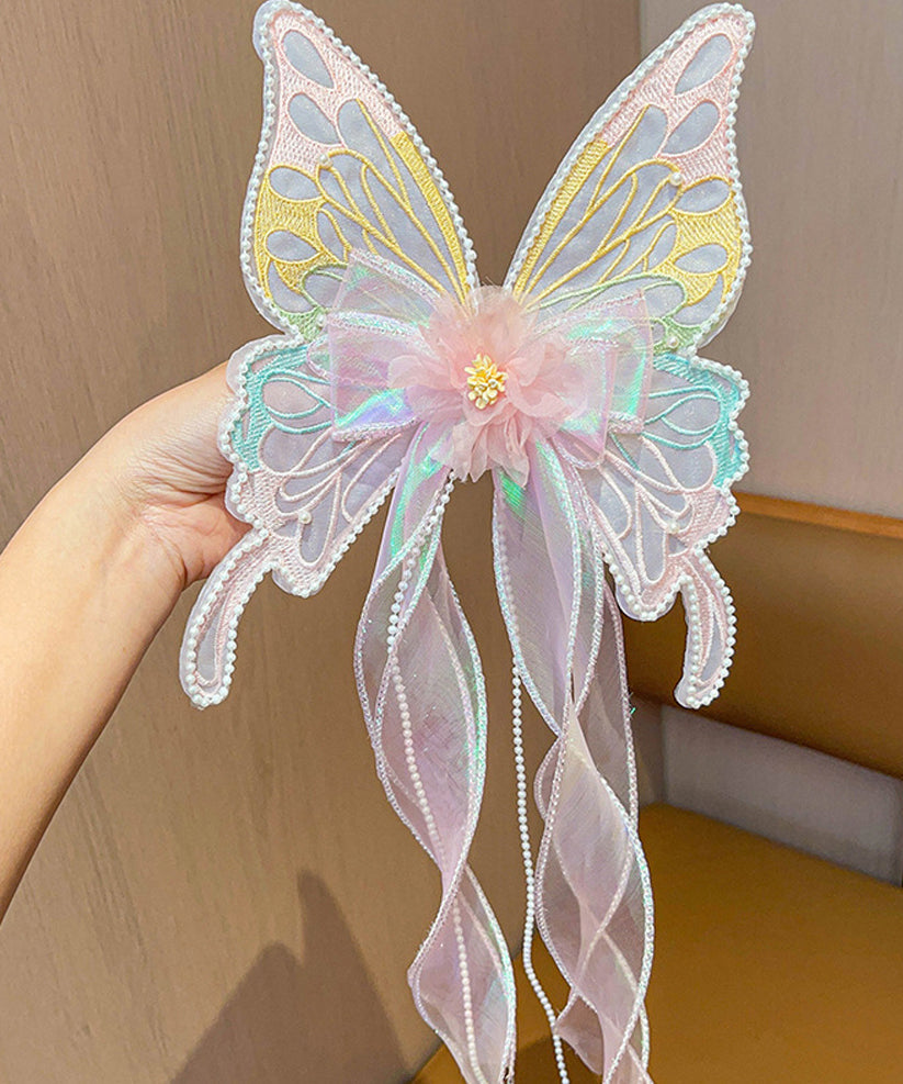 Style Pink Alloy Pearl Tulle Butterfly Ribbon Girls Hairpin YG026