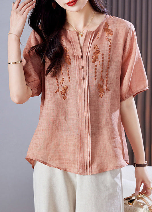 Pink Shirt Summer Embroidered Linen Top Style