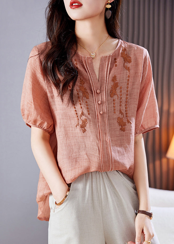 Pink Shirt Summer Embroidered Linen Top Style