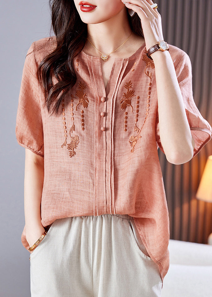 Pink Shirt Summer Embroidered Linen Top Style