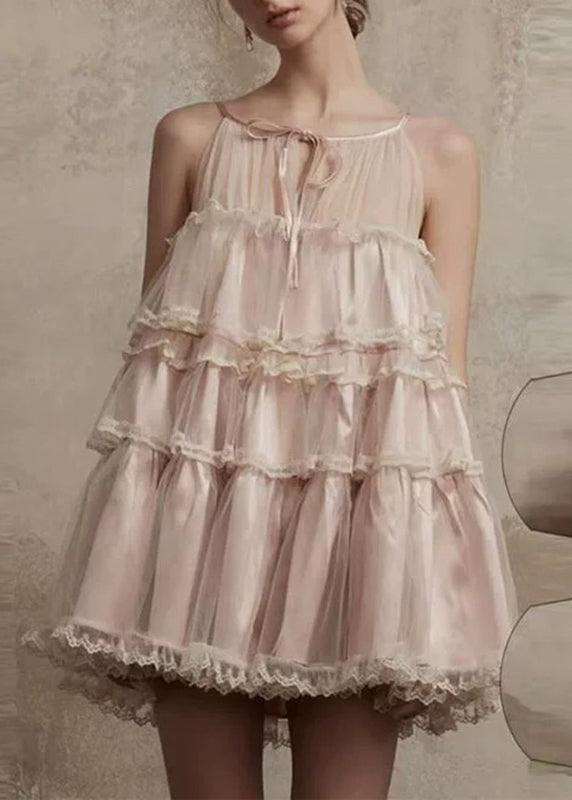 Pink Tulle O-Neck Dress Mid Lace Style Patchwork Summer Ruffled