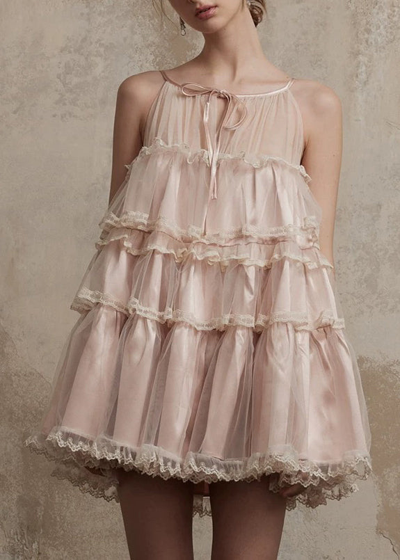 Pink Tulle O-Neck Dress Mid Lace Style Patchwork Summer Ruffled