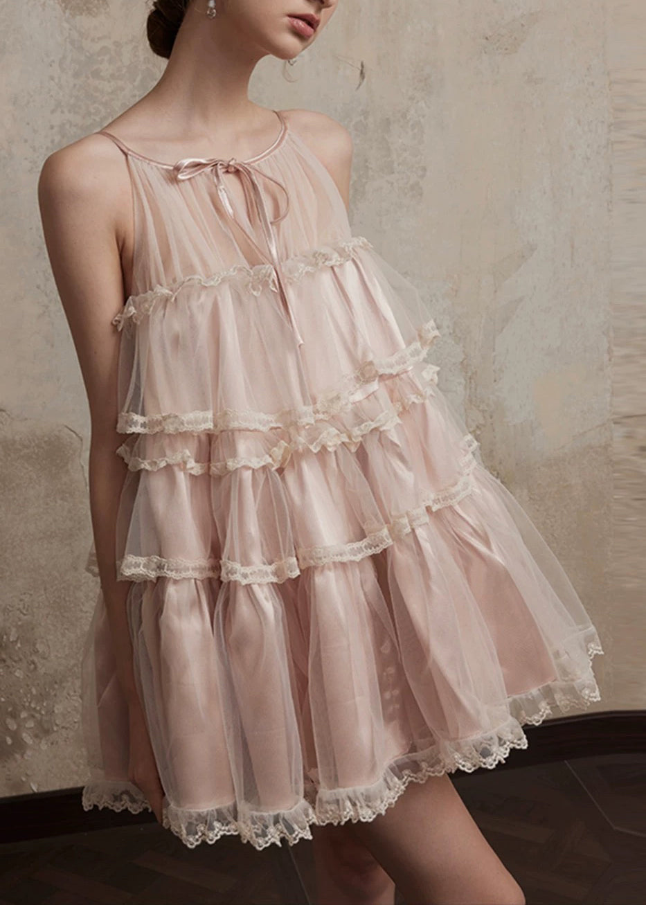 Pink Tulle O-Neck Dress Mid Lace Style Patchwork Summer Ruffled