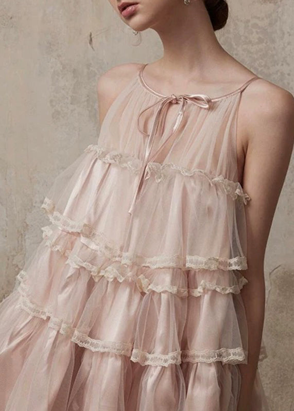 Pink Tulle O-Neck Dress Mid Lace Style Patchwork Summer Ruffled