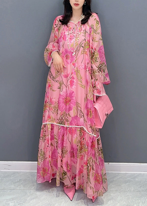 Style Pink Print Patchwork Chiffon Dress Long Sleeve EE1002