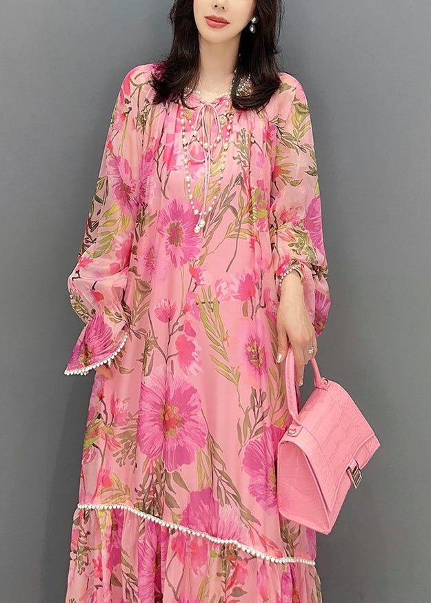 Style Pink Print Patchwork Chiffon Dress Long Sleeve EE1002