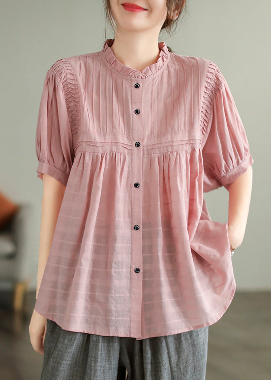 Style Cotton Wrinkled Pink Summer Ruffled Shirt