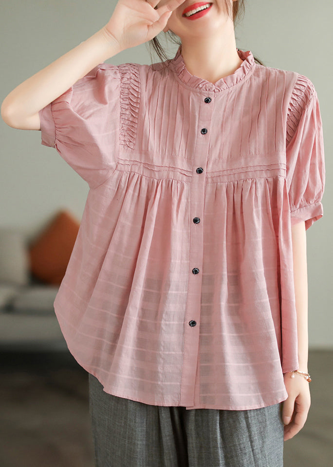 Style Cotton Wrinkled Pink Summer Ruffled Shirt