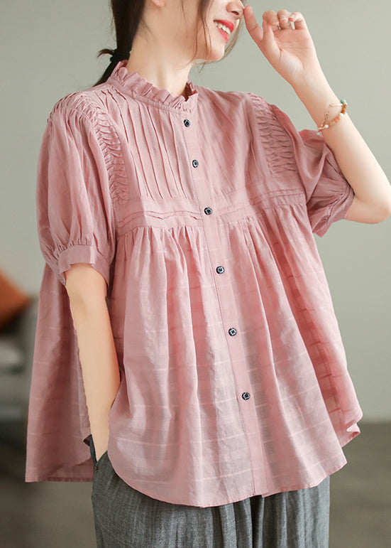 Style Cotton Wrinkled Pink Summer Ruffled Shirt
