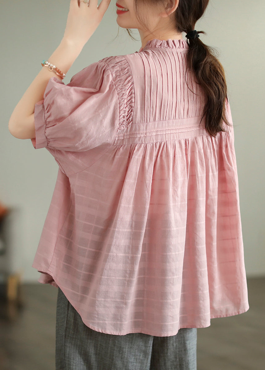 Style Cotton Wrinkled Pink Summer Ruffled Shirt