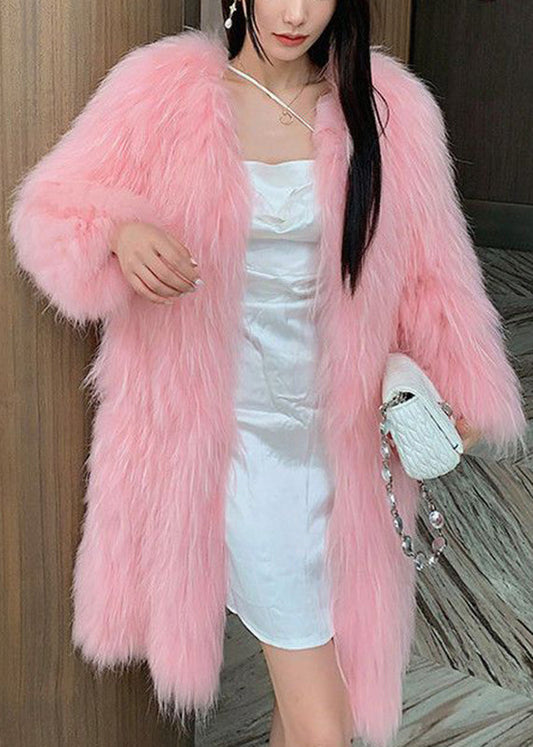 Style Pink V Neck Mink Hair Leather And Fur Long Coats Winter