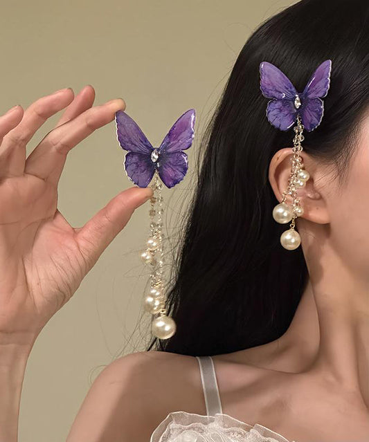 Butterfly Style Alloy Hairpin Purple Zircon Tassel Pearl