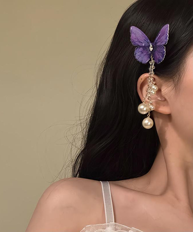 Butterfly Style Alloy Hairpin Purple Zircon Tassel Pearl