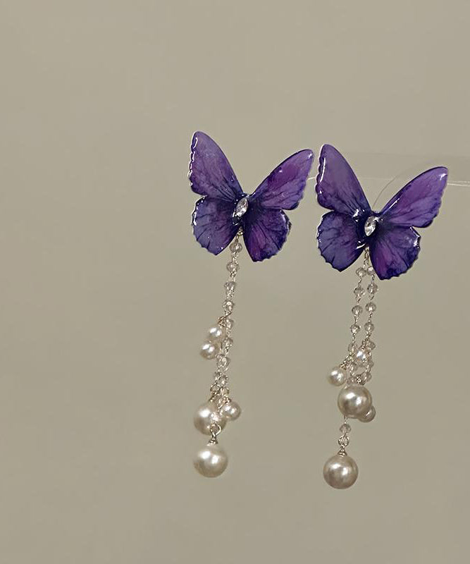 Butterfly Style Alloy Hairpin Purple Zircon Tassel Pearl