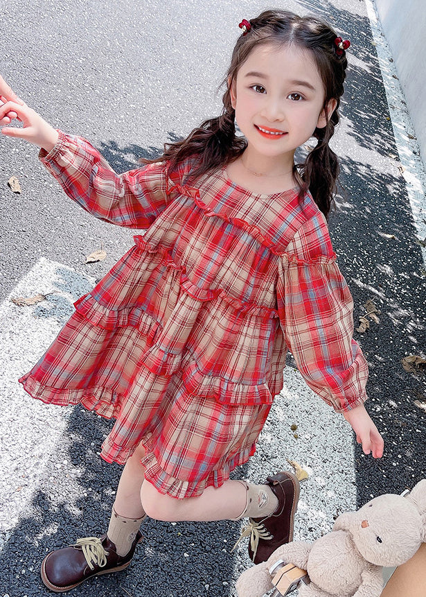 Style Red O-Neck Plaid Patchwork Girls Maxi Dress Long Sleeve SS1046