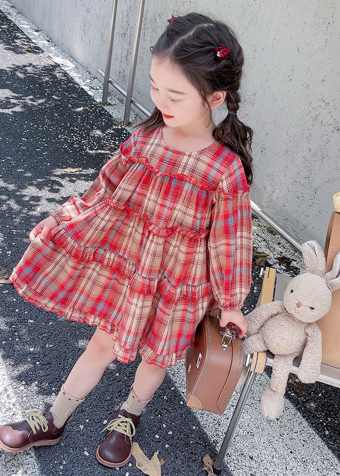 Style Red O-Neck Plaid Patchwork Girls Maxi Dress Long Sleeve SS1046