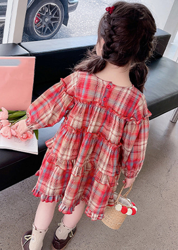 Style Red O-Neck Plaid Patchwork Girls Maxi Dress Long Sleeve SS1046