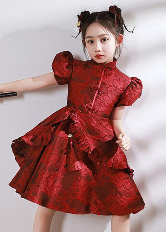 Dresses Asymmetrical Maxi Style Stand Collar Kids Red Ruffled