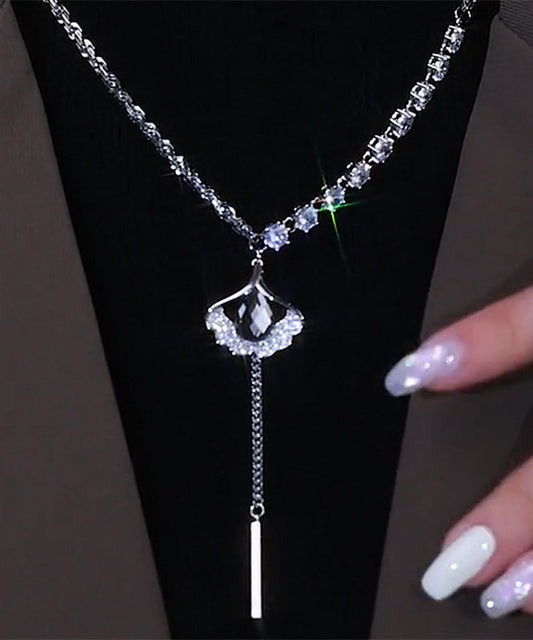 Style Silk Sterling Silver Zircon Ginkgo Leaf Tassel Lariat Necklace GH1004