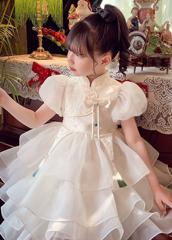 Maxi Button Tulle Summer White Style Kids Dress Tassel