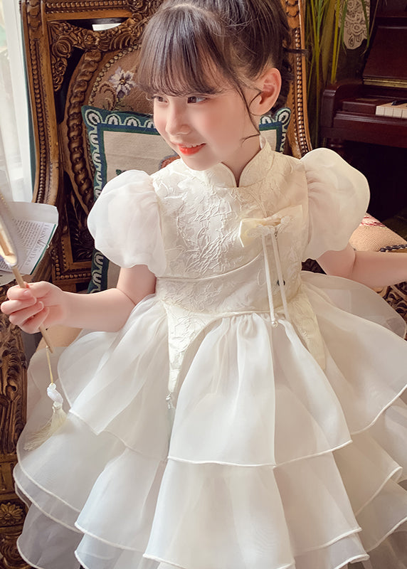 Maxi Button Tulle Summer White Style Kids Dress Tassel