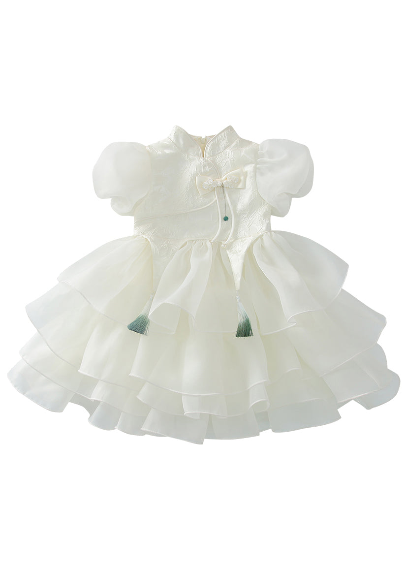 Maxi Button Tulle Summer White Style Kids Dress Tassel