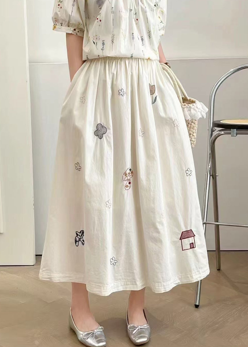 Cotton Style Summer White Skirt Embroidered