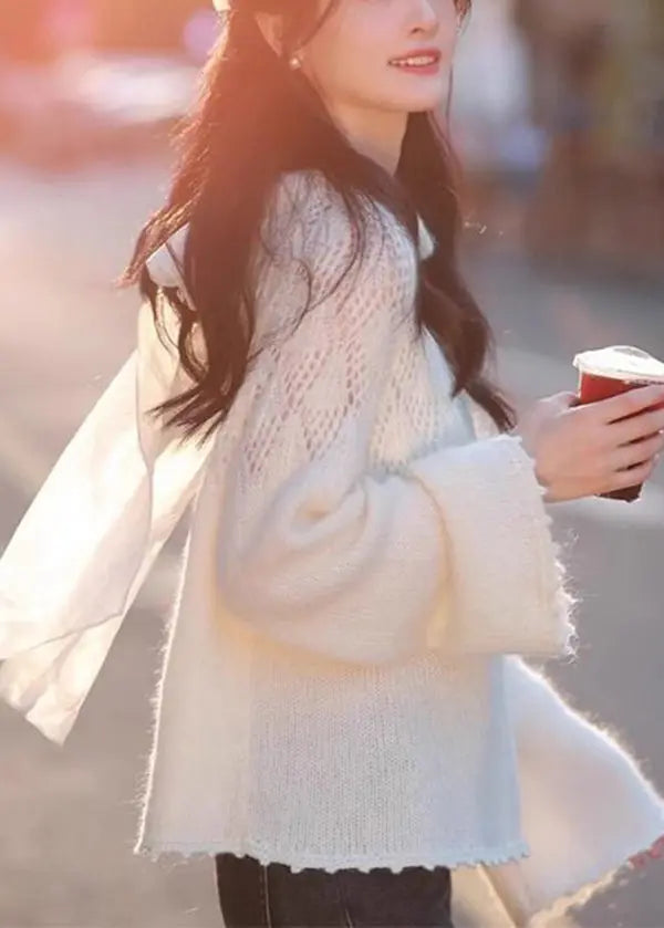 Style White Hollow Out Lace Up Knit Sweaters Spring Ada Fashion