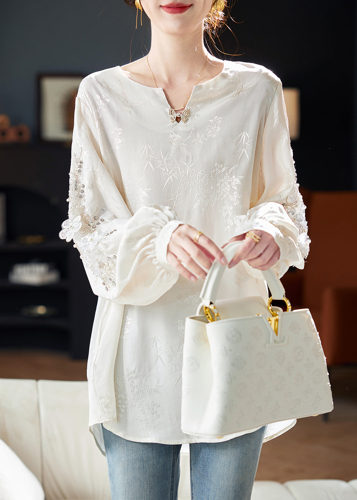 Style White Nail Bead Jacquard Chiffon Blouses Spring RL020