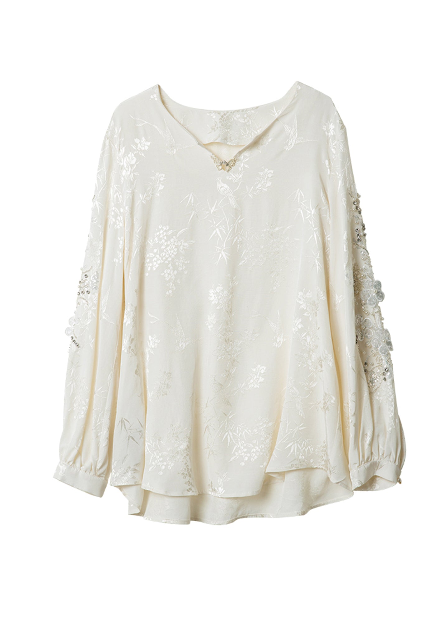 Style White Nail Bead Jacquard Chiffon Blouses Spring RL020