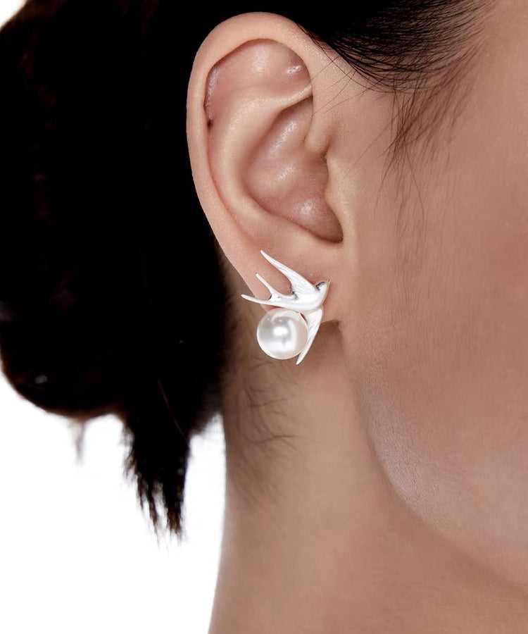 Stud Pearl Sanding Style Bird White Little Earrings