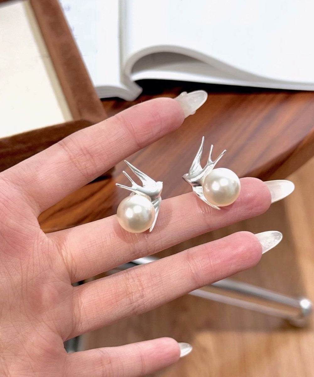 Stud Pearl Sanding Style Bird White Little Earrings
