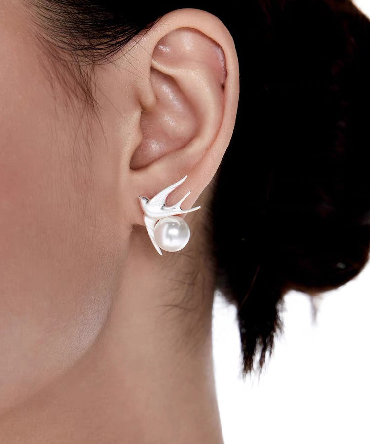 Stud Pearl Sanding Style Bird White Little Earrings