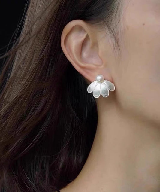 White Stud Sterling Earrings Pearl Silver Style Petal